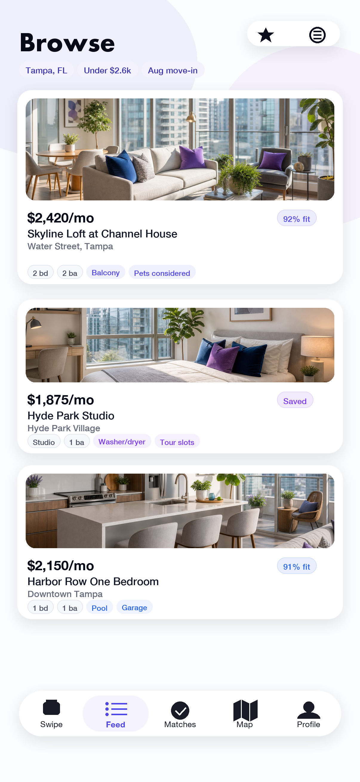 RentMatcher renter feed with rental cards